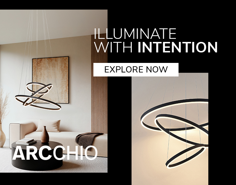 Explore now Modern Arcchio pendant light with sculptural ring design illuminating a minimalist living room, featuring text ‘Illuminate with Intention’ and ‘Explore Now’.