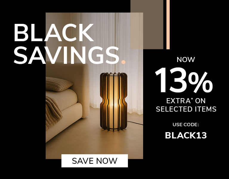 Save now A modern interior scene featuring a decorative wooden floor lamp glowing warmly beside a beige sofa. On the right, bold promotional text reads “Black Savings. Now 13% Extra on Selected Items. Use code: BLACK13,” with a button saying “Save Now.” The design