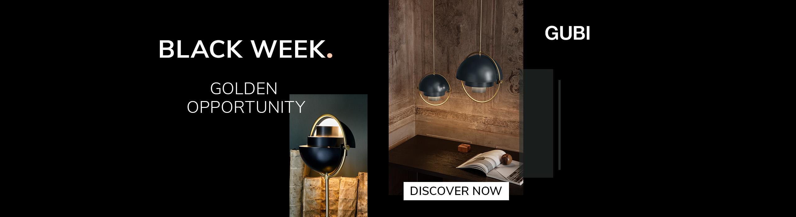 Discover more Two modern pendant lamps with dark blue domes and gold accents hanging above a wooden desk in a warmly lit, ornate room. Text reads: ‘Black Week. Golden Opportunity. GUBI.’ A button says ‘Discover Now.’