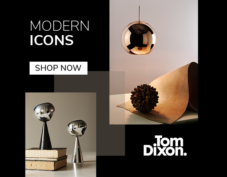Shop now Tom Dixon metallic lighting and sculptural objects, including a copper pendant and chrome table lights, displayed on neutral surfaces. Text reads: ‘Modern Icons. Shop Now. Tom Dixon.’